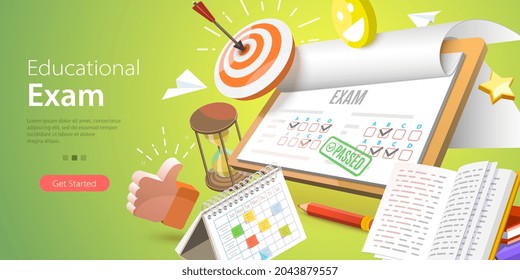 3D Illustration Of Educational Exam, Paper Test Sheet With Assessment Result