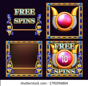 3D illustration of the Egyptian radiant crown worn by deities, represented in the iconography of ancient Egypt as a disc framed by the horns of a ram. Egyptian themed Free Spin symbol for slot game.  