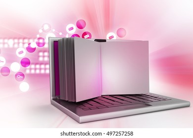 3d illustration of E-learning concept. Laptop screen as book