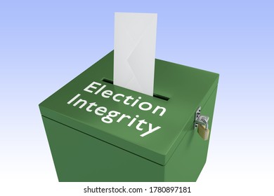 3D Illustration Of Election Integrity Title On Ballot Box, Isolated Over Blue Gradient.