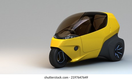 3D Illustration Of An Electric 3 Wheel, Micro Car Concept