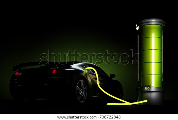 3d illustration of\
electric car connected to big battery. Concept of charging\
electrical\
automobile.