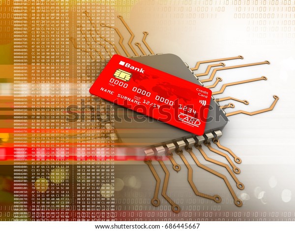 3d illustration of electronic board over white\
background with bank\
card