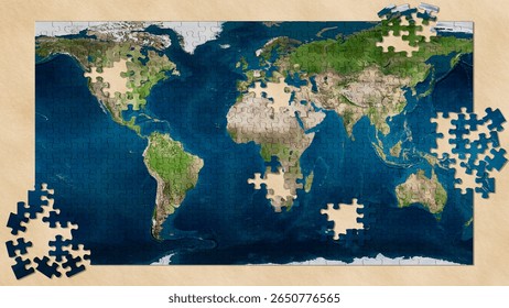 3d illustration. Elements of the Puzzle make up the world map. The flat geographical map of our planet is progressively formed until completion.