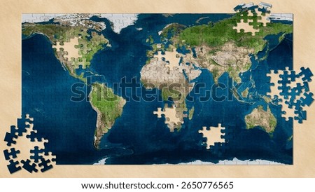 3d illustration. Elements of the Puzzle make up the world map. The flat geographical map of our planet is progressively formed until completion.