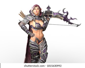 3D Illustration of an Elven Archer Balancing her Bow Isolated on White