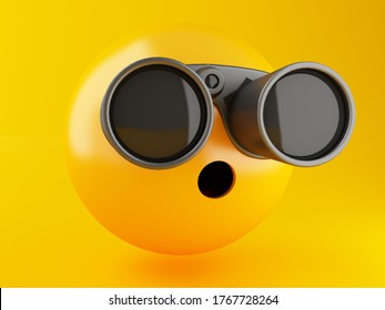 3d Illustration. Emoji Icons With Binoculars On Yellow Background. Social Media Concept.