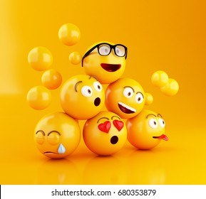 3d illustration. Emojis icons with facial expressions. Social media concept. Yellow background