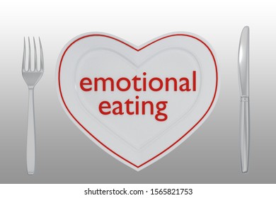 3D Illustration Of Emotional Eating Title On A White Plate Shaped As Heart, Along With Silver Knif And Fork, On A Gray Gradient.