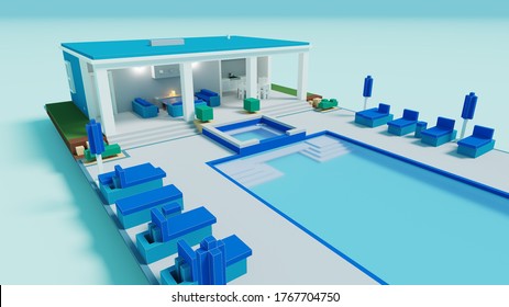 3d Illustration an empty blue   white pool house in voxel style