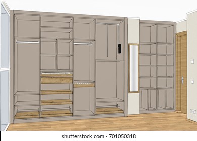 3D illustration. Empty classic wardrobe with many drawers in the interior. Big modern cupboard. Cloakroom. Lines, projection, construction. Home Design Software Programs. Project management. 
