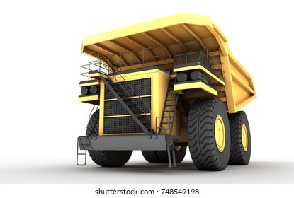 3d Illustration. Empty Mining Dump Truck Tipper Big Heavy Yellow Car. Bottom View. Front Side View. Direction From Right To Left