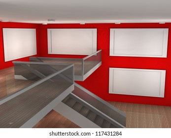 3d illustration of a empty museum with 4 frames