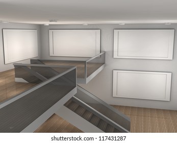 3d illustration of a empty museum with 4 frames
