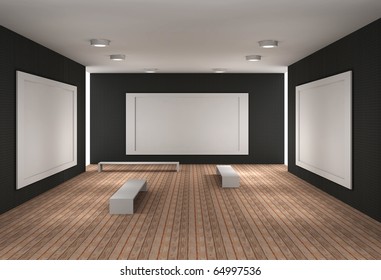 a 3d illustration of a empty museum with frames