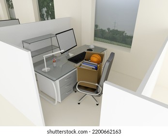 3d Illustration Of An Empty Personal Work Station, With A Carton Box Containing Private Belongings.