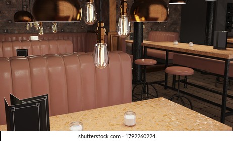 3d Illustration Of An Empty Restaurant With Booths And Barstools.