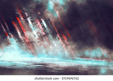 3D Illustration. Empty Room Gaming Background For Product Placement Or Showcase With Concrete Pavement. Blue And Red Neon Light. Smoke, Fog, Damp Asphalt With Reflection Of The Lights.