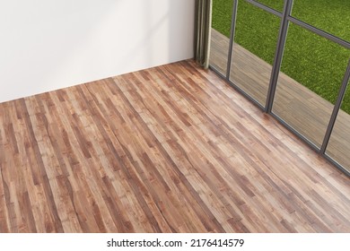 3d Illustration
Empty Room, Only Wood-colored Parquet. Large Window With Glass Allowing Natural Light To Enter. Outside View Of The Garden