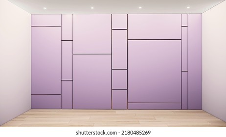 3d illustration of an empty room with a soft purple colour wall and wood floor