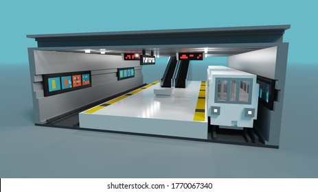 3d illustration of an empty subway station in voxel style