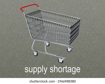 3D Illustration Of Empty Supermarket Cart Over Supply Shortage Script, Isolated Over Gray Gradient.