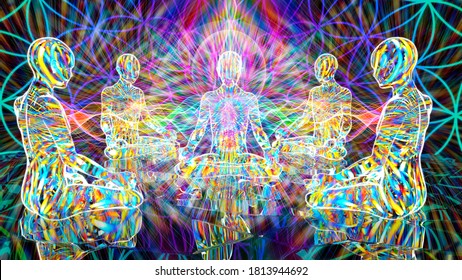 3D illustration. energy ritual of a meditative group of people.