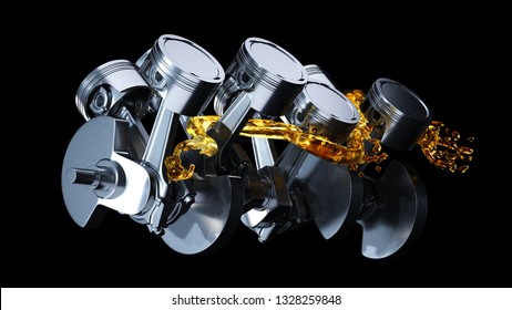 3d illustration of engine. Motor parts as crankshaft, pistons with motor oil splash.