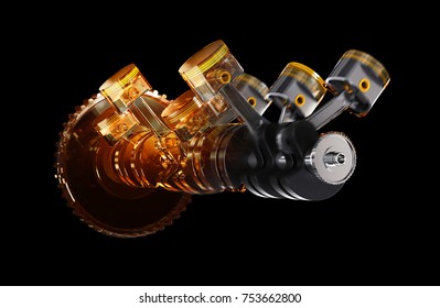 3d illustration of engine. Motor parts as crankshaft, pistons in motion
