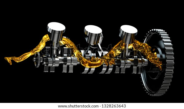 3d illustration of engine. Motor parts\
as crankshaft, pistons with motor oil\
splash.