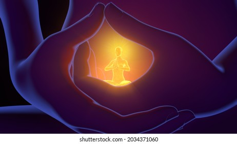 3d illustration an enlightened yogi finds wisdom in the hands of God