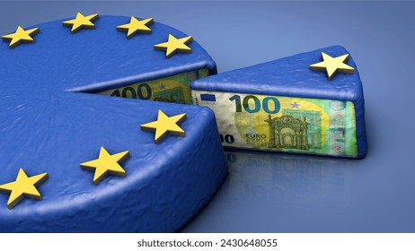 3D illustration, EU money cake - symbolic image on the subject of subsidies, self-service, money distribution, wasting money, etc.
