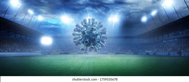 3D Illustration. Euro Soccer Cancellation Event Concept. Ball With Coronavirus Mask