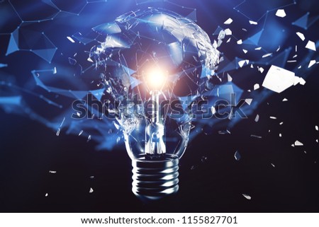 3D illustration exploding light bulb on a blue background, concept creative thinking and innovative solutions. Network connection lines and dots. Innovative idea.