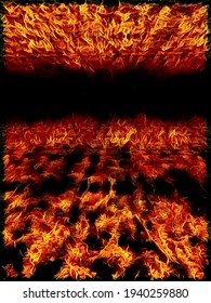 3d Illustration Exploding Surface Views With Diminishing Perspective From Junction Of Two Streams Of Red Hot Lava Flowing Downhill