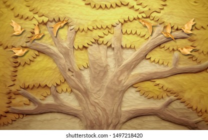 3d Illustration, Fabulous Embossed Yellow Tree And Birds