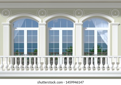 3d illustration. Facade of a classic room with arched windows and a view of the sea.