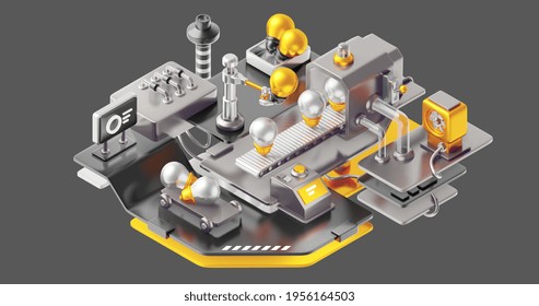 3d illustration of factory machine with conveyor and engineering robot arm sorting shine light bulb. Technology of modern industrial idea manufacture at automatic conveyor belt of factory line
