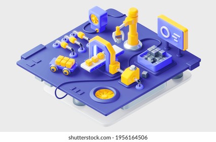 3d illustration of factory machine with conveyor and engineering robot arm picking up metal box. Technology of modern industrial manufacture at automatic conveyor belt of factory line