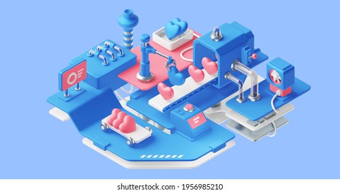 3d Illustration Of Factory Machine With Conveyor And Engineering Robot Arm Sorting Heart. Technology Of Modern Love At Automatic Conveyor Belt For Romantic Poster, Valentine Day Banner