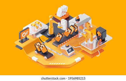 3d Illustration Of Factory Machine With Conveyor And Engineering Robot Arm Sorting Smart Phone. Technology Of Modern Industrial Manufacture Of Phone At Automatic Conveyor Belt Of Factory Line