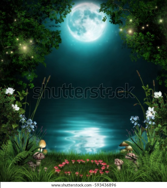 月明かりの中で夜に魔法をかけられた池に囲まれた おとぎ話の森の3dイラスト のイラスト素材