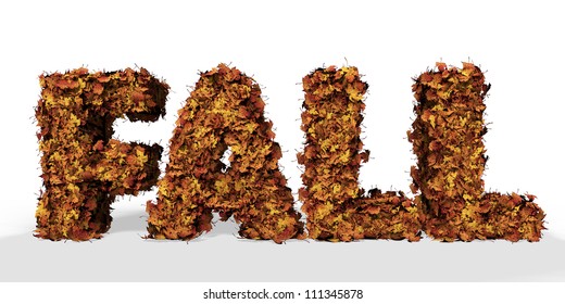 3d illustration of fall text covered in leaves with white background.