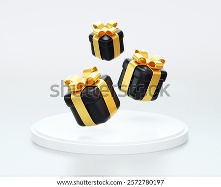 3D Illustration of falling gift boxes isolated on white background. Christmas, new year, sale, shopping. Present box with bows ribbons. Gift box for valentine, birthday, holiday. 