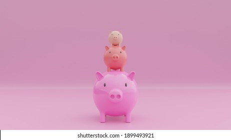 3D Illustration Family Piggy Bank 3 Pink Piglets Stacked With Mother Pig And Piglet Pastel Pink Background