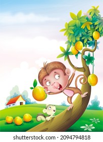 3d illustration of the famous kids english nursery rhymes Monkey on the mango tree with background, Kids learning school education
