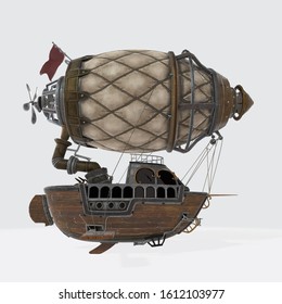 3d Illustration Of A Fantasy Airship In Steampunk Style On Isolated White Background. 3d Computer Graphics Of A Zeppelin In Steampunk Style