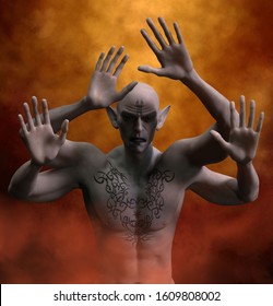 3D Illustration Of Fantasy Showing A Four Armed Supernatural Demon Arising Out From The Smoke