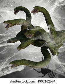 3D Illustration Of Fantasy Showing Seven Headed Hydra Monster Caught In A Spider Web