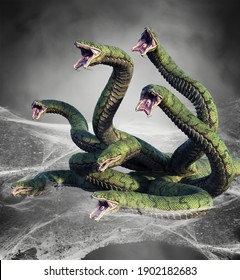 3D Illustration Of Fantasy Showing Seven Headed Hydra Monster Caught In A Spider Web